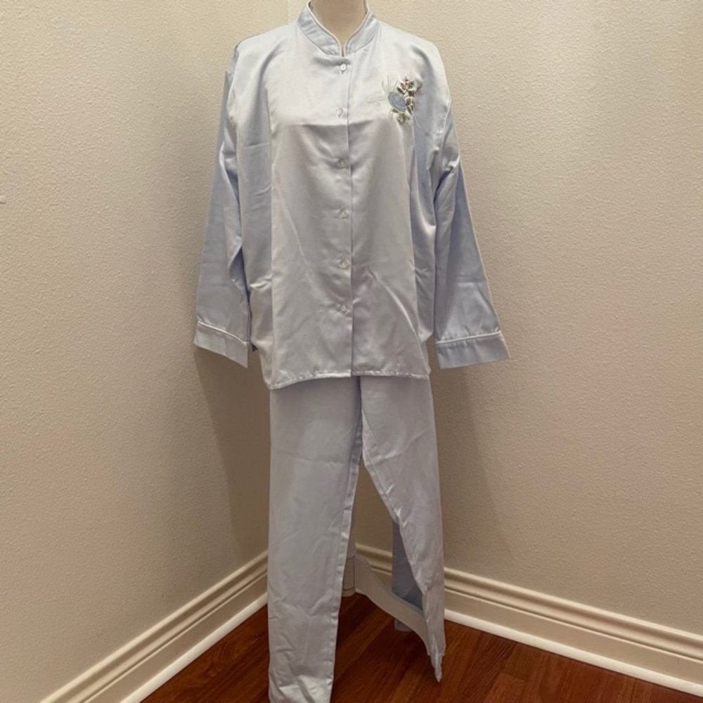 Sky Blue Brushed Satin/Cotton Pajama Set w/Floral Embroidery Accent